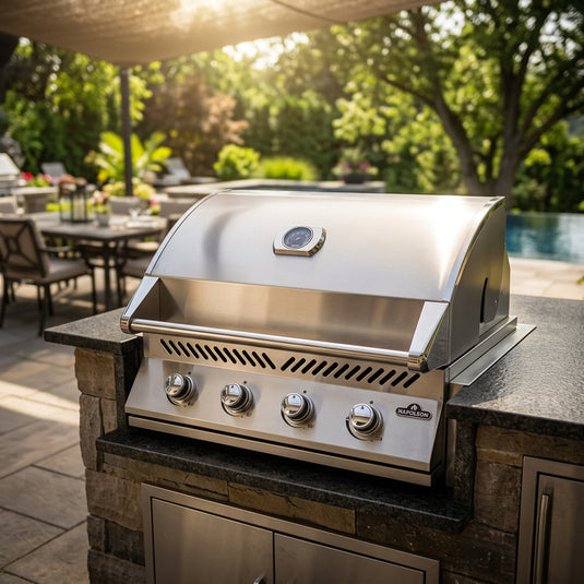 Stainless steel grill with Napoleon branding on a white background
