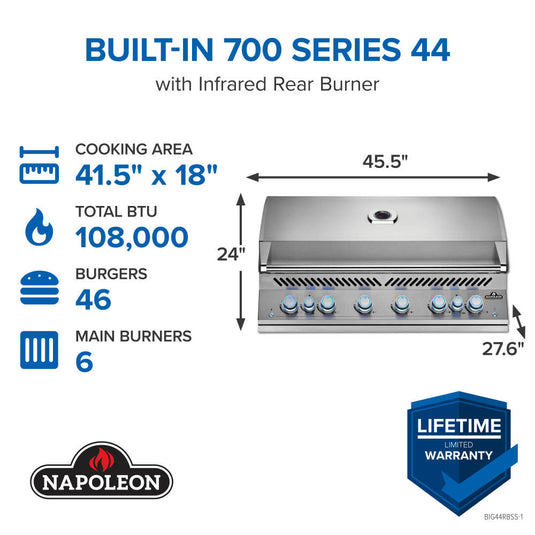 Napoleon Built-In 700 Series 44 with Dual Infrared Rear Burners – Natural Gas