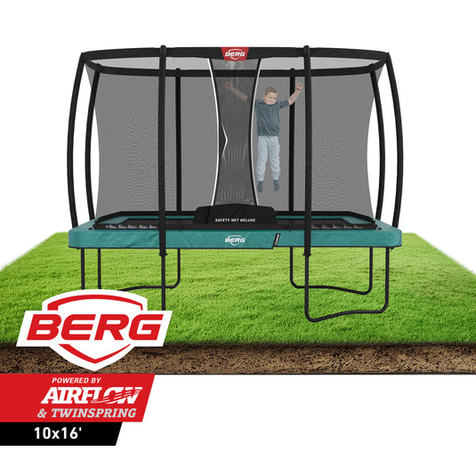 BERG Ultim Champion 10'x16' Rectangular Above Ground Trampoline + Safety Net DLX XL