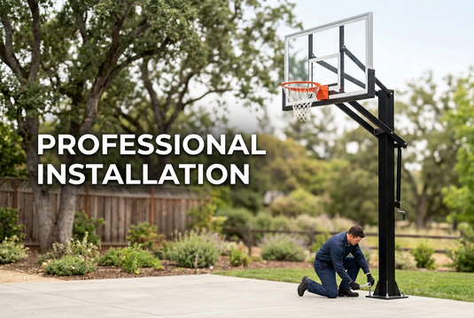 Basketball hoop installation illustration with PROFESSIONAL INSTALLATION text